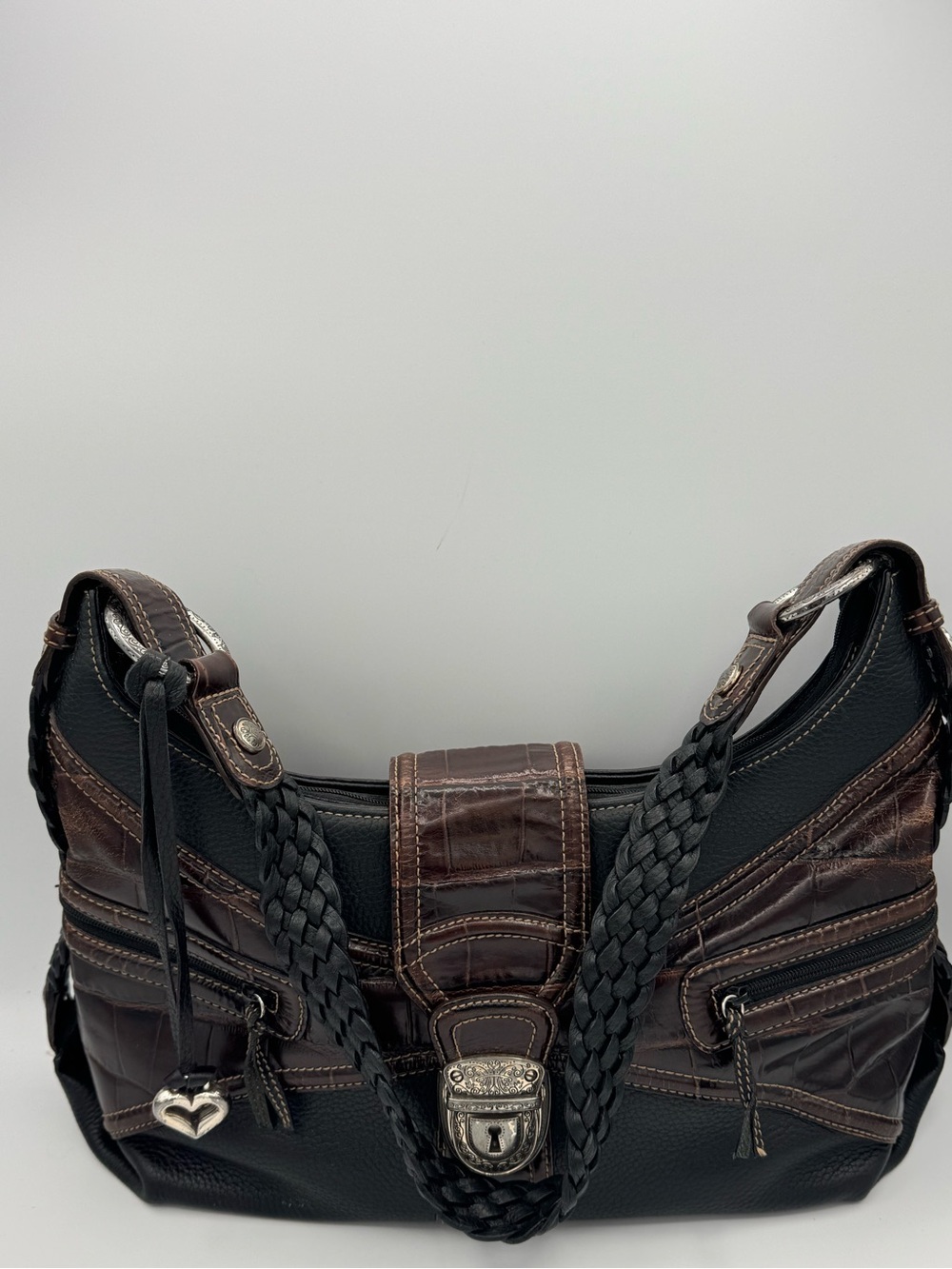 Brighton Vintage Black Leather Croc Embossed Metal Scrollwork Hobo Shoulder Bag